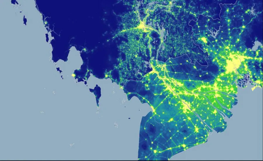 An aerial map coloured to show population distribution over a geographical area.