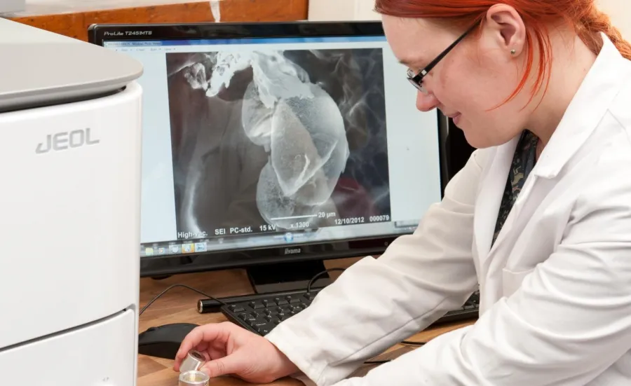 person using scanning electron microscope in the microscopy laboratory