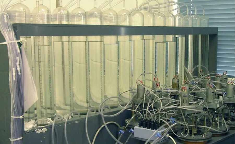 A bank of stirred digesters used to study biochemical methane potential