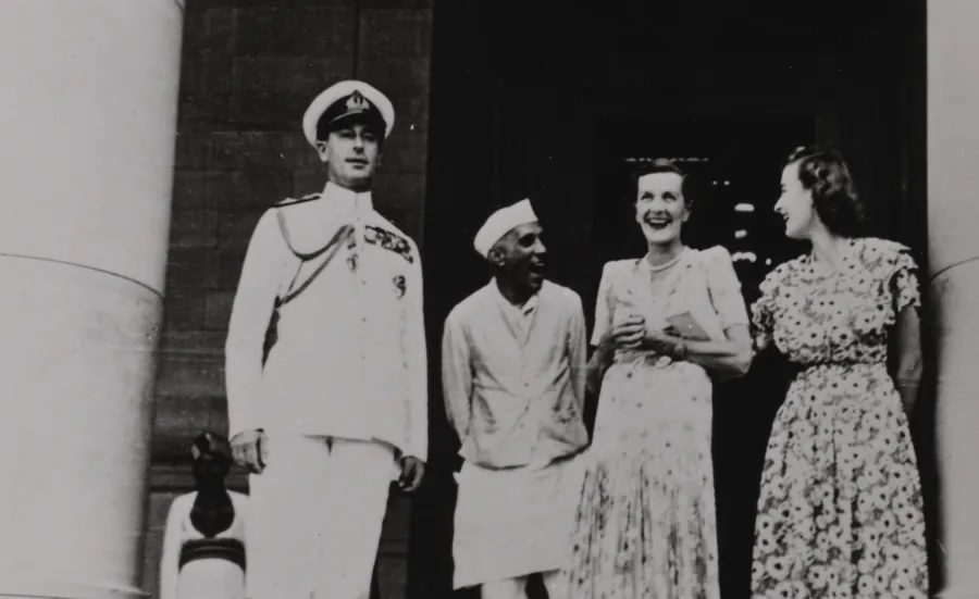 Jawaharlal Nehru, and Lord and Lady Mountbatten on the steps of Government House in Delhi, 1948