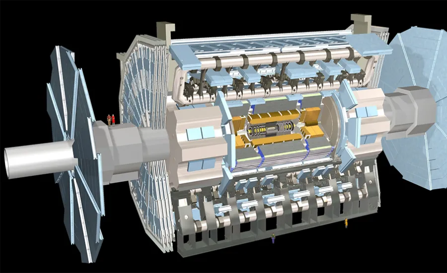 The ATLAS detector, the largest particle detector at the Large Hadron Collider (LHC), the world's largest atom smasher. 