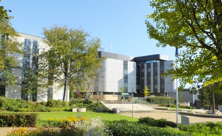 Life sciences building 85, viewed from gardens on a sunny summer day