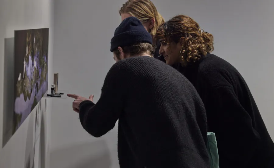 Three gallery visitors lean forward to examine an artwork hanging on the wall at The Winchester Gallery