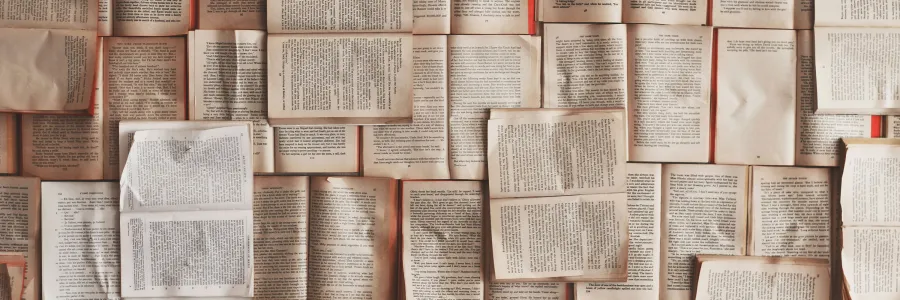 Rows of open books in overhead photo