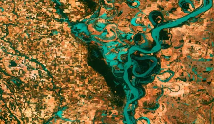 A satellite image of a river delta.