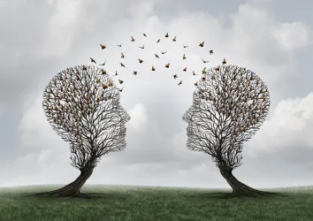 Two head shaped trees with birds flying to each other as a metaphor for teamwork 