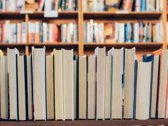 A row of books in a library, with their spines turned away from the viewer