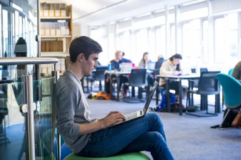 Student sitting with his laptop next to the windows in Waterfront Campus library.