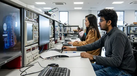 Two students working on computers at a work bench in the hardware projects laboratory.