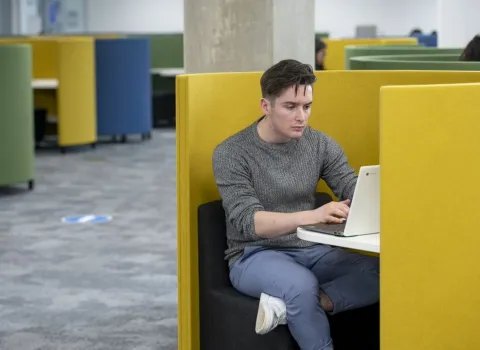 A student quietly studies using a laptop in a study pod in the centenary building