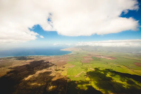 Aerial view of cloud shadows on green landscape