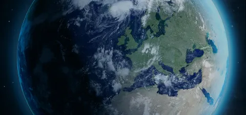 A view of Earth from orbit, centred on the European continent.