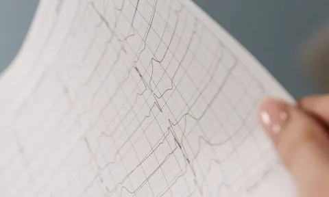 A person is holding an ECG or Electrocardiogram result on a piece of paper. We see their hand holding it up.