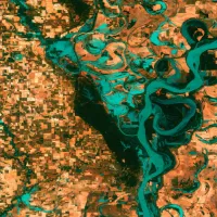 A satellite image of a river delta.