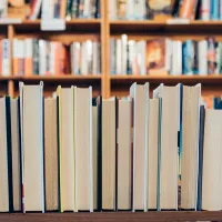 A row of books in a library, with their spines turned away from the viewer