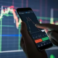 Image of a data graph and a mobile phone in someone's hands, which displays financial information.