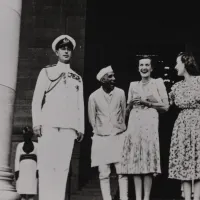 Jawaharlal Nehru, and Lord and Lady Mountbatten on the steps of Government House in Delhi, 1948