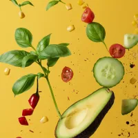 Half an avocado, halved cherry tomatoes, a red sliced chili pepper, basil leaves, cucumber slices and fine herbs fly into the air against a yellow background