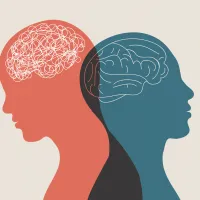 Abstract illustration of two overlapping human silhouettes in profile, one red, one blue. We can see their brains as white outlines, one looks more like a scribble than a brain.