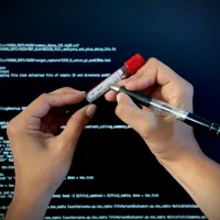 Close-up of hands labelling a patient blood sample for molecular analysis. In the background a computer screen shows programme code to process sequencing data. 