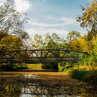 One small wooden bridge over a calm river