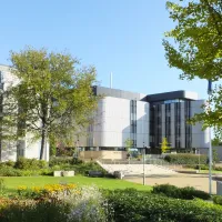 Life sciences building 85, viewed from gardens on a sunny summer day